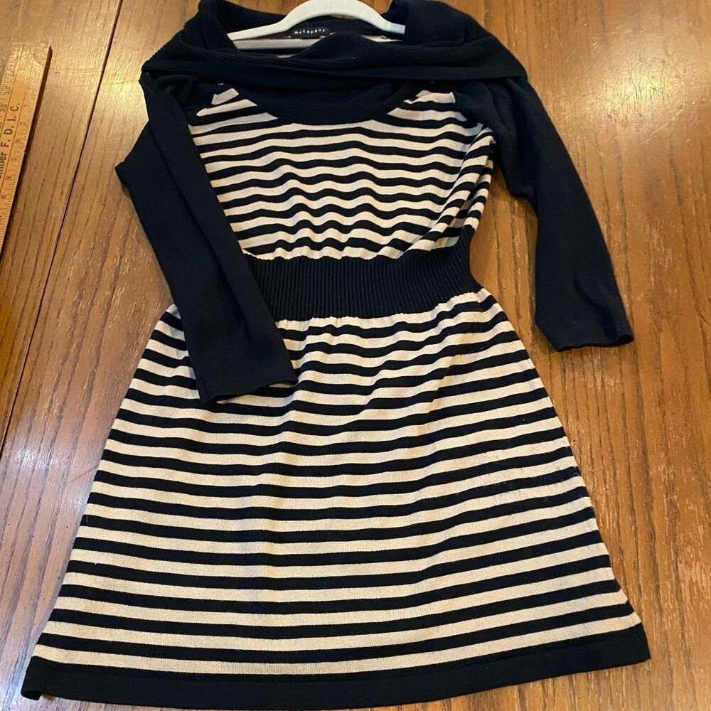 Fit & Flare Sweater Dress Cowl Neck Preppy Parisian Beige Black Stripe Knit L